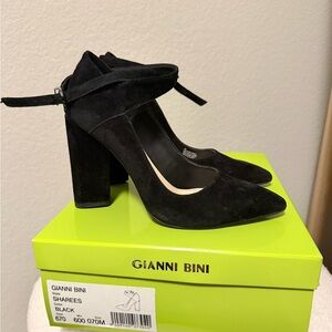 Gianni Bini Black Suede Ankle-Strap Block Heel Pumps